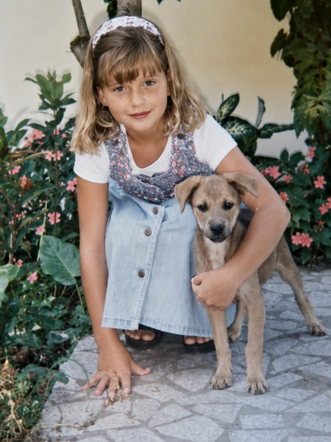 Bruna criança abraçando um filhote de cachorro no jardim