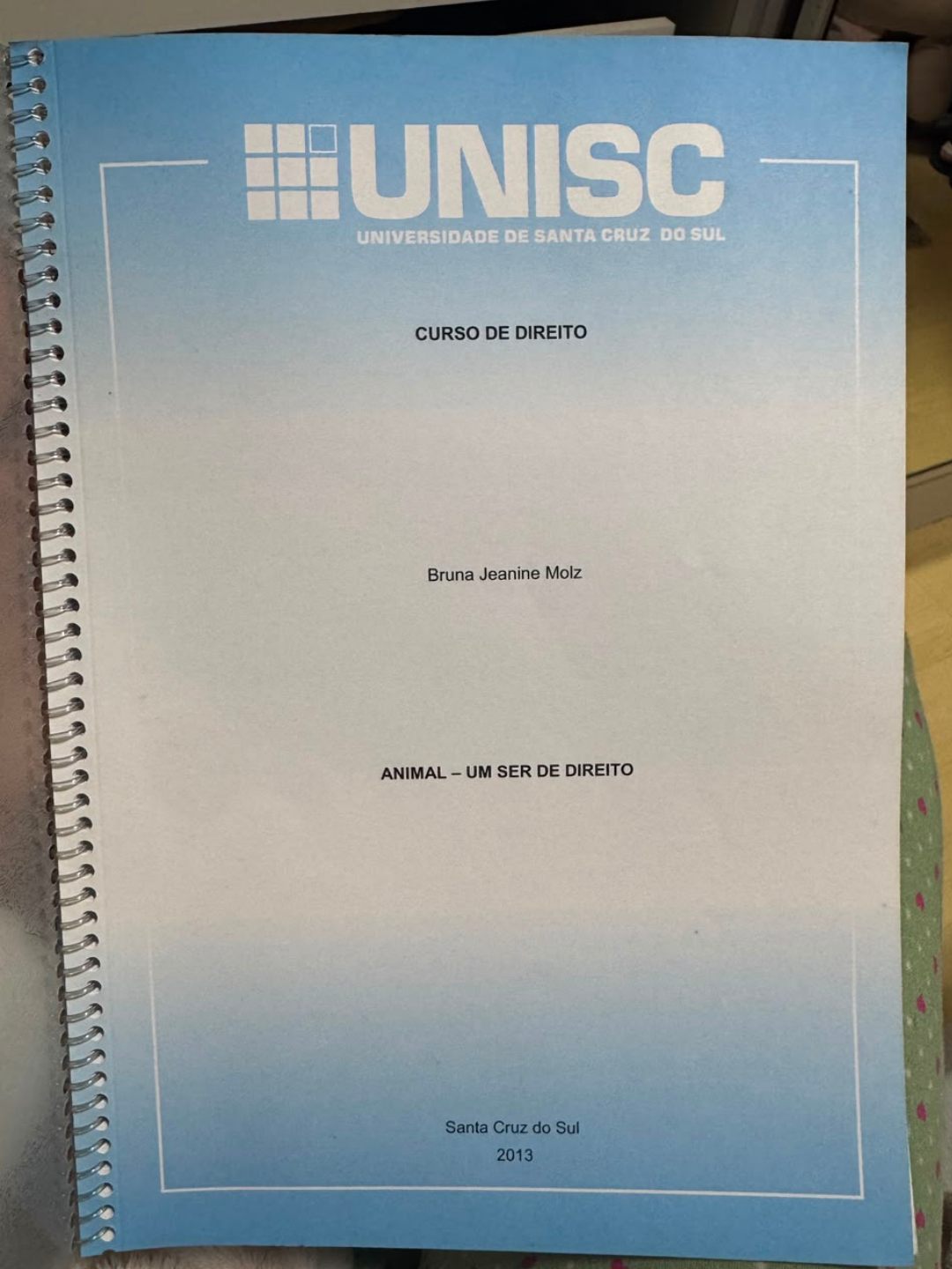Capa da monografia de Bruna na UNISC: Animal — um ser de direito, 2013
